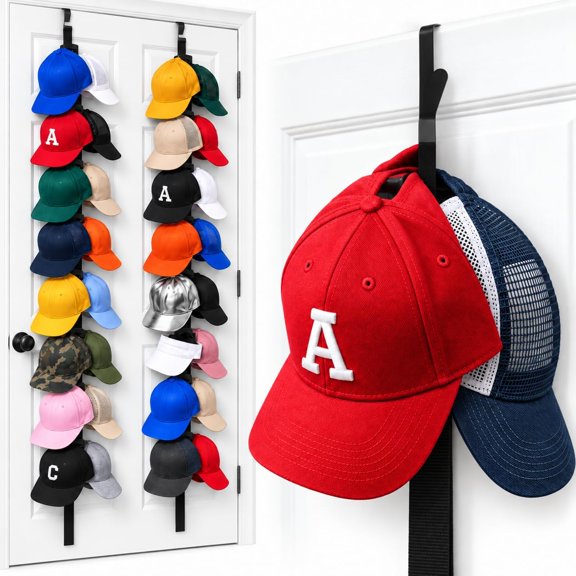 Over-the-Door Hat Rack Organizer for Baseball Caps, Snapbacks & Visors Holds 16+ Hats, Tool-Free Elastic Strap Design, Space-Saving Vertical Cap Storage for Bedroom, Closet & Dorm