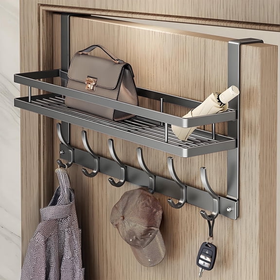 Over the Door Hooks Organizer Storage, Over The Door Towel Racks with 6 Hooks & 1 Basket for Bathroom