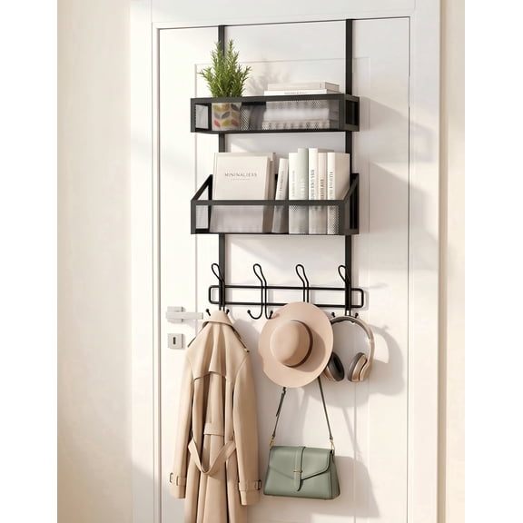 Over-the-Door Hooks Organizer with 2 Mesh Baskets 12 Hook Coat Rack & Storage Hanger, 2-Tier Basket Rack for Bathroom, Bedroom, Kitchen, Office
