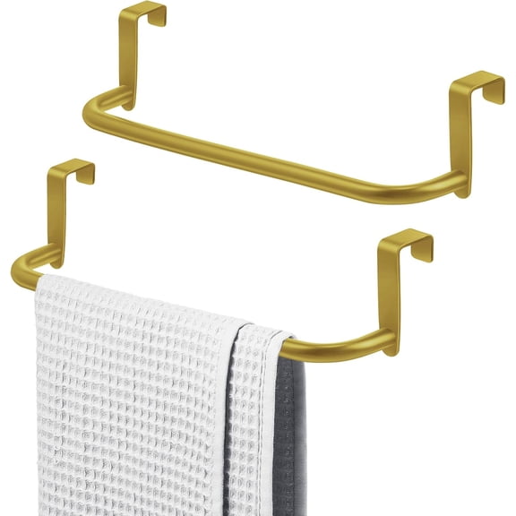 Over the Door Kitchen Cabinet Towel Bar, 2 Pack Gold Steel Hanging Rack for Dish Cloths and Hand Towels, Luxury Decor
