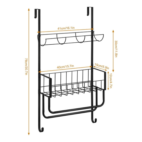 Over the Door Organizer, Metal Hanging Door Rack with Storage Basket and Hooks for Bedroom, Bathroom, Entryway, Black