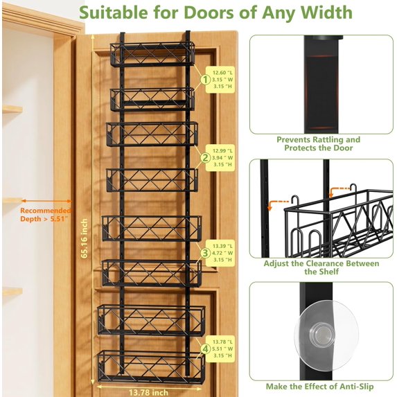 Over the Door Pantry Organizer 8-Tier Adjustable Baskets Hanging Spice Door Rack Narrow - Black