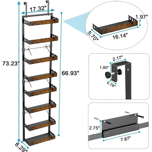 Over the Door Pantry Organizer, 8-Tier Adjustable Wooden Basket Kitchen Storage with Wall Mount or Hanging Spice Rack