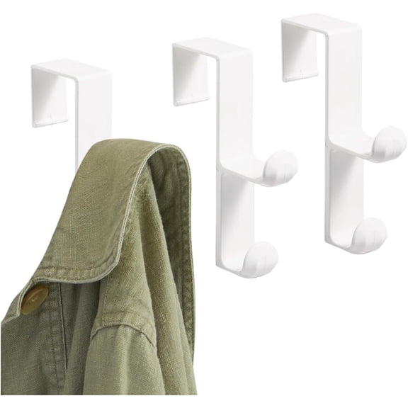 Over the Door Plastic Dual Hook Hanger for Coats, Jackets, Hats, Robes, Towels, Ideal for Bathroom, Bedroom, Mudroom, Set of 3, White