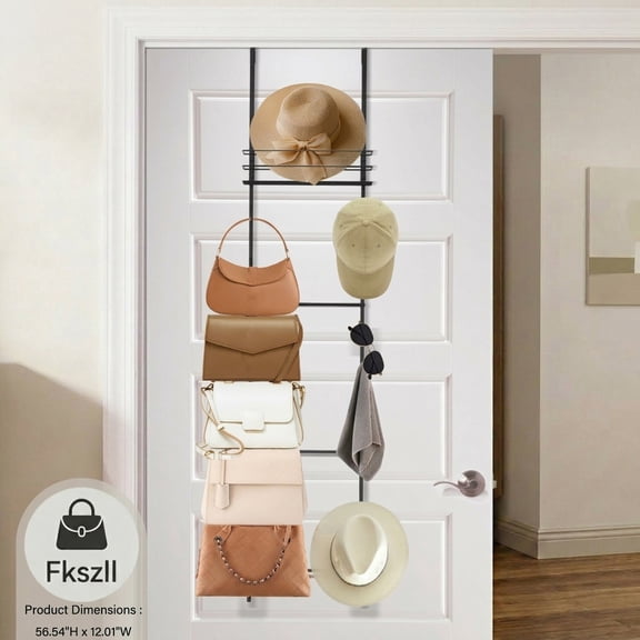 Over the Door Purse Organizer Wall Mounted Hat Organizer with 16 Hook and Metal Basket Can Use As 1/2 Part for Door