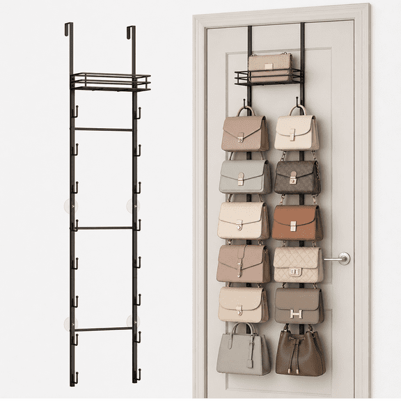 Over the Door Purse Organizer with 16 Hooks Wall-Mounted Handbag Rack with Metal Basket, Closet Storage for Bags, Hats & Accessories