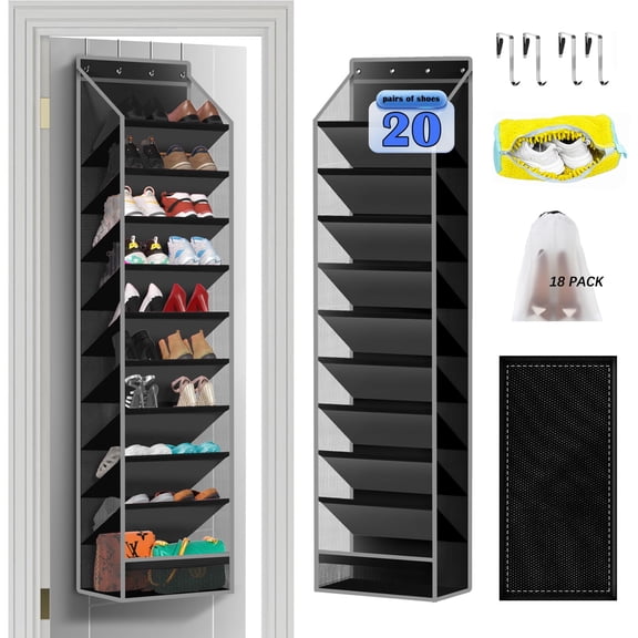 Over the Door Shoe Organizer 10-Pocket with 18 Travel Bags & 1 Washing Bag, Hanging Shoe Rack for Boots, Space-Saving Storage
