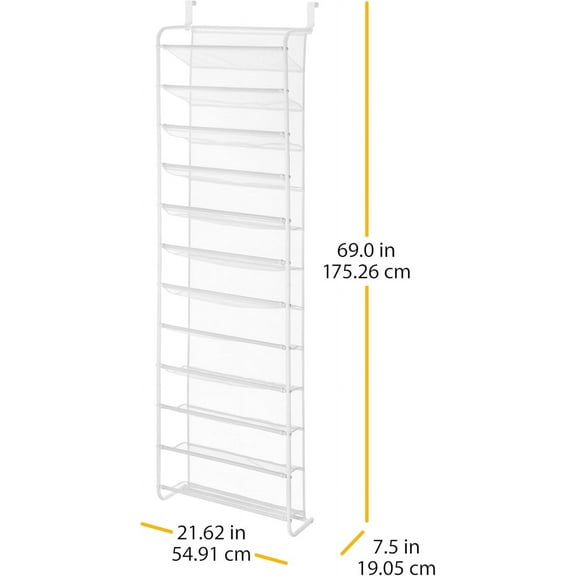 Over the Door Shoe Organizer - Holds  to 36 Pairs - Metal & Mesh - White