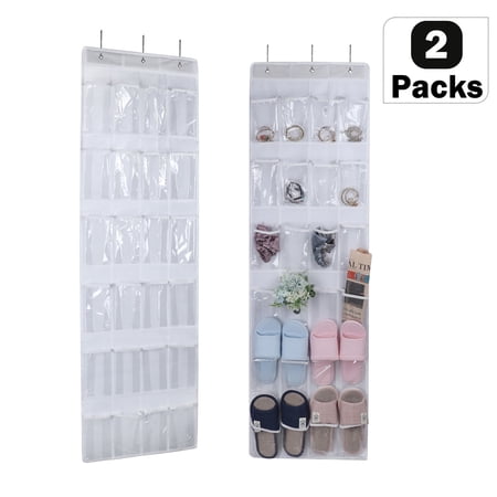 Over the Door Shoe Organizer Set of 2, 24 Clear Pockets Hanging Shoes Rack for Closet Door Storage, White
