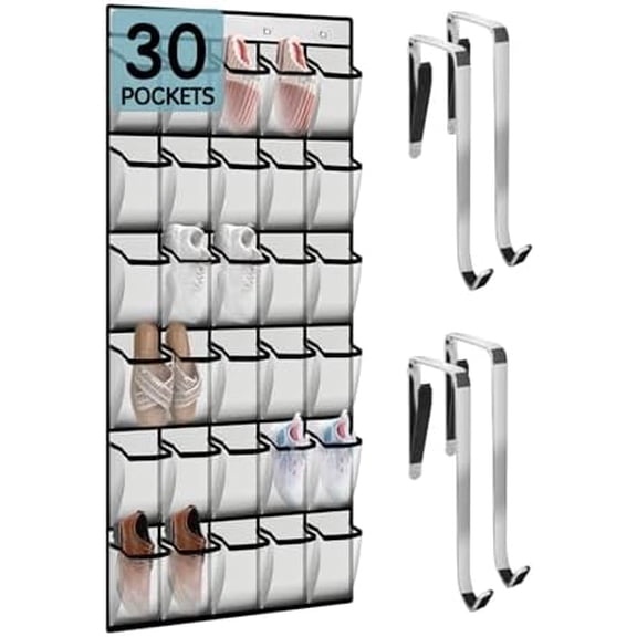 Over the Door Shoe Organizer with 30 Breathable Mesh Pockets - Large Capacity Closet Storage for Men & Women, Hanging Shoe Rack Organizer (White)
