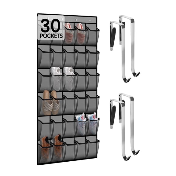 Over the Door Shoe Organizer with 30 Breathable Mesh Pockets – Large Capacity Hanging Closet Storage for Men & Women, Shoe Rack Organizer (Gray)