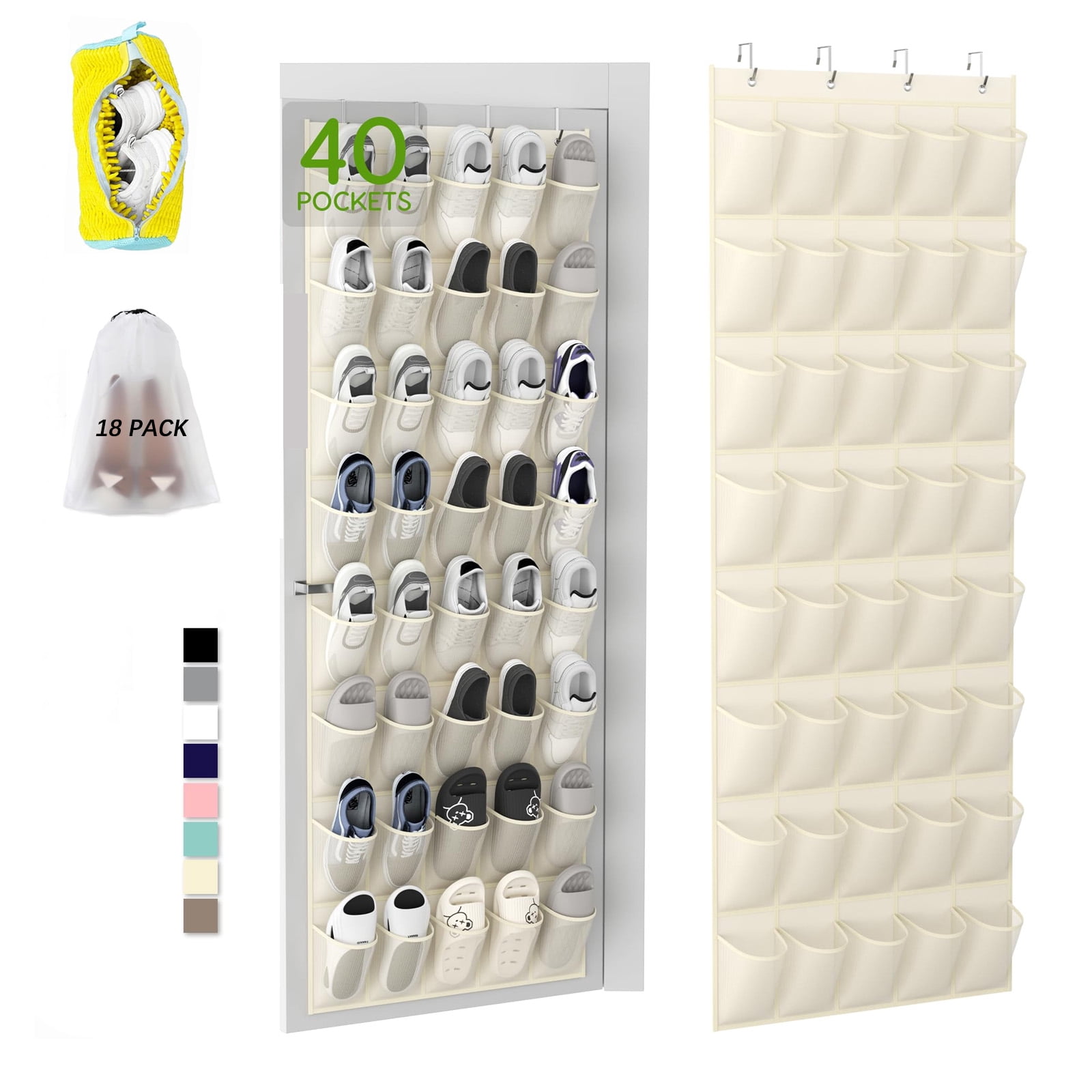 Over the Door Shoe Organizer with 40 Pockets, 18 Travel Shoe Bags & 1 Washing Bag, Hanging Shoe Rack with Breathable Mesh