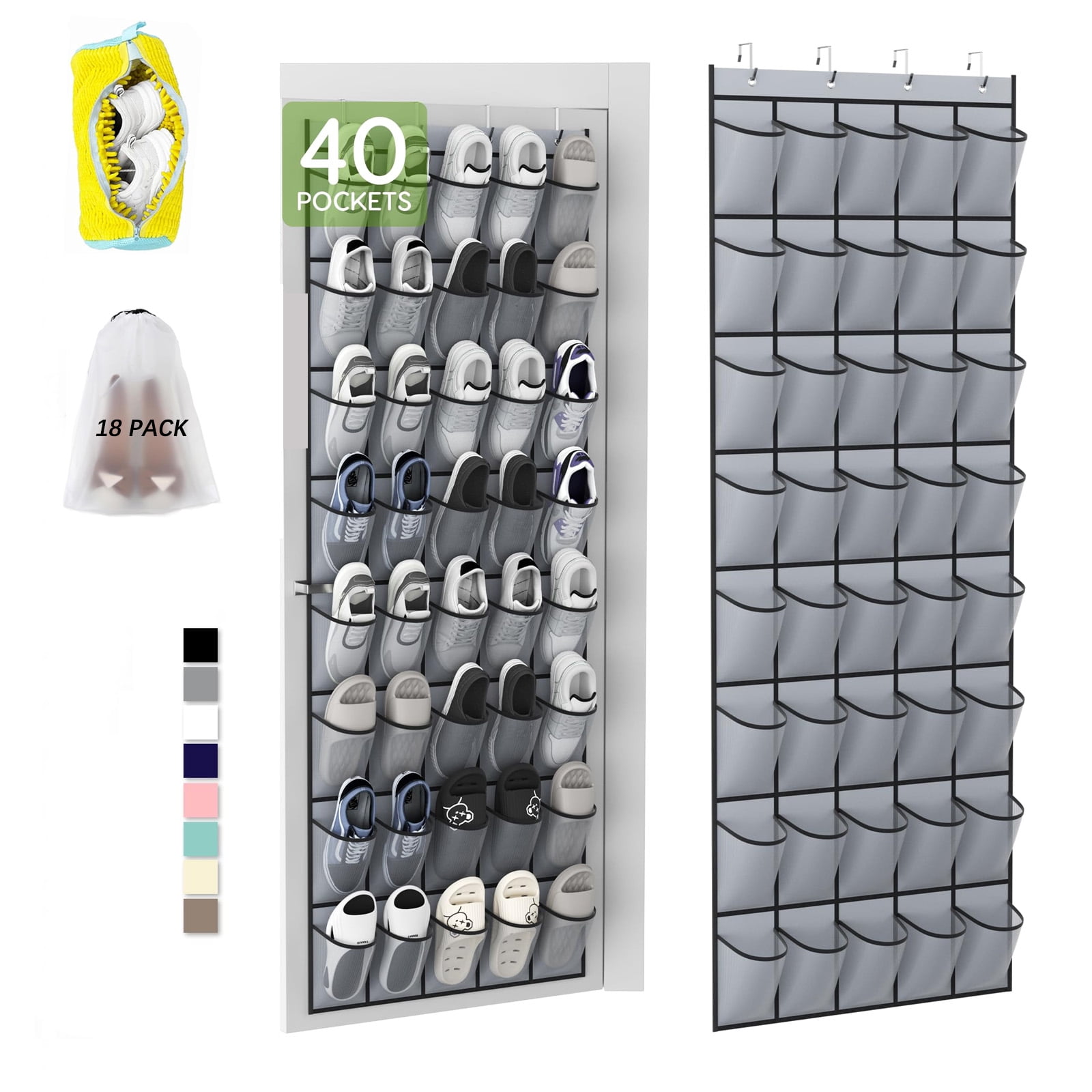 Over the Door Shoe Organizer with 40 Pockets, 18 Travel Shoe Bags & 1 Washing Bag, Hanging Shoe Rack with Breathable Mesh