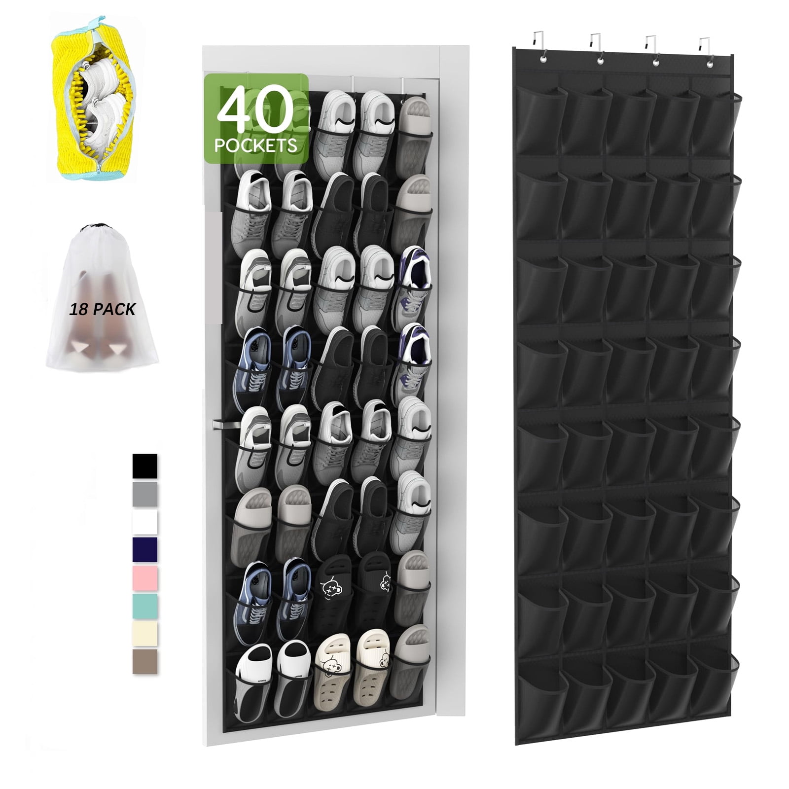 Over the Door Shoe Organizer with 40 Pockets, 18 Travel Shoe Bags & 1 Washing Bag, Hanging Shoe Rack with Breathable Mesh