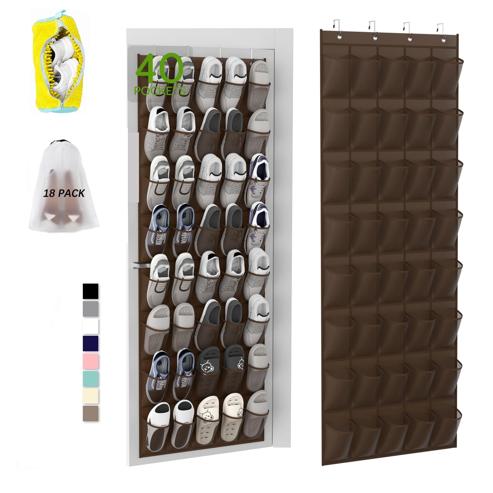 Over the Door Shoe Organizer with 40 Pockets, 18 Travel Shoe Bags & 1 Washing Bag, Hanging Shoe Rack with Breathable Mesh
