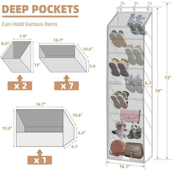 Over the Door Shoe Organizer with Curtain Dustproof Heavy-Duty Large Deep Pocket Hanging Storage for Closet Dorm Narrow Door