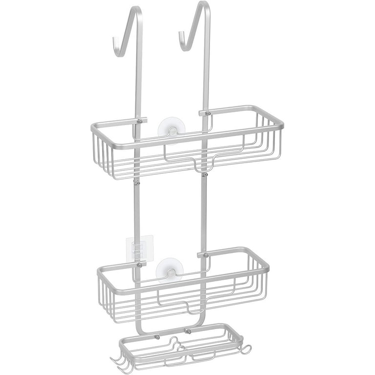 Oumilen Hanging Shower Caddy Bathroom Shower Organizer Shelves with 4 Hooks and Soap Rack, Silver - Silver