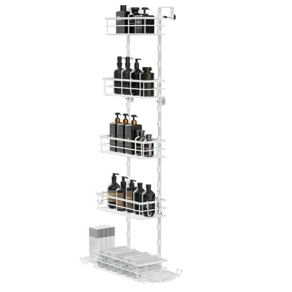 Over the Door Shower Caddy - 5-Tier Adjustable Hanging Bathroom Organizer with Suction Cup & Soap Dish, No Drill, Rustproof