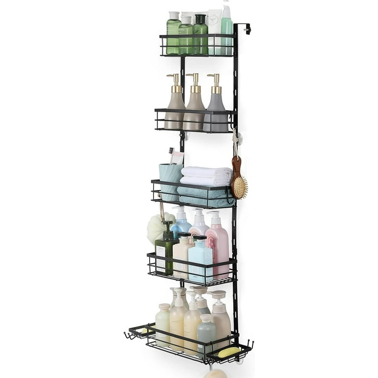 Oumilen Over The Door 3 Tier Shower Caddy, Adjustable Hanging Organizer with Suction Cup, Black - Silver