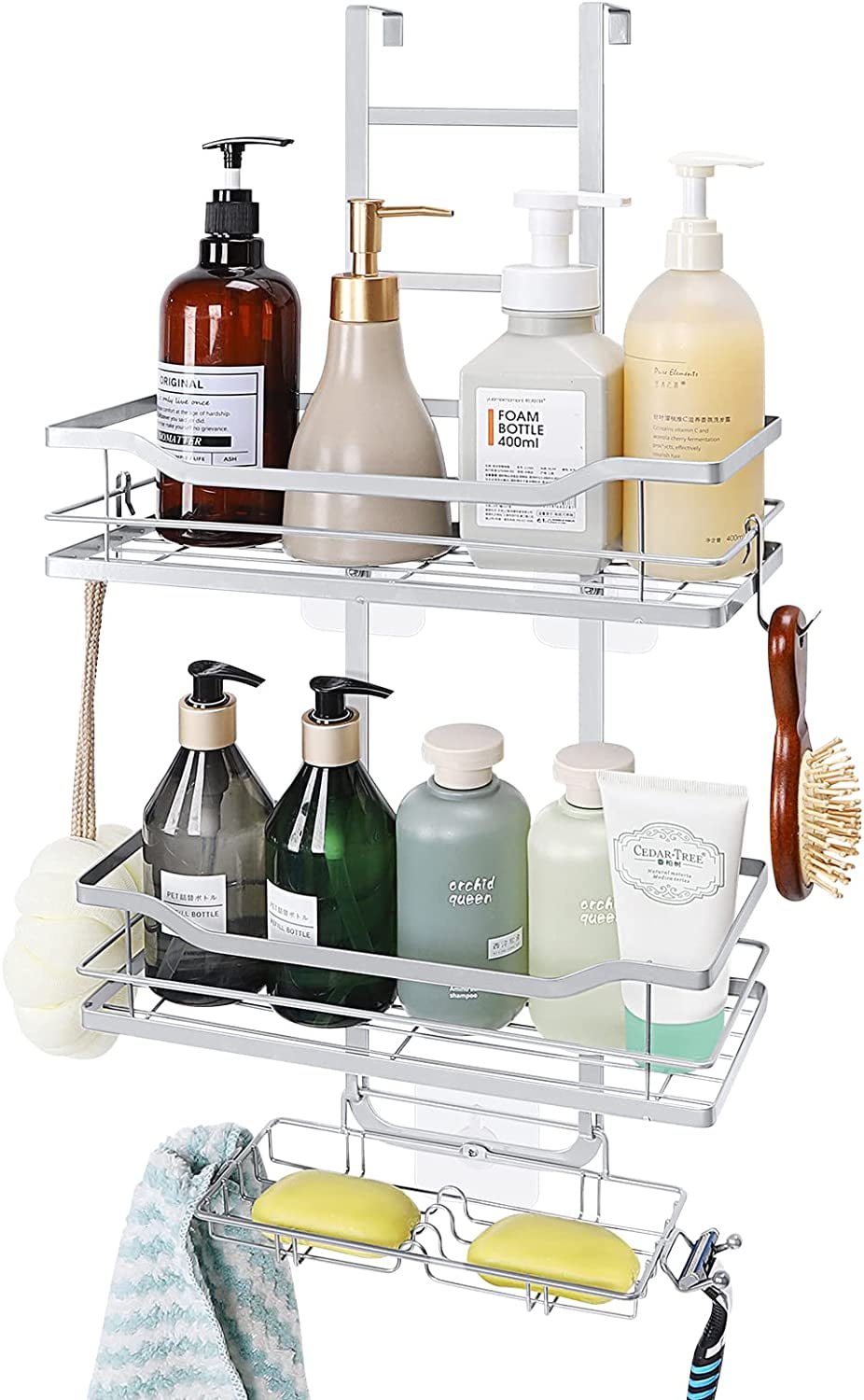 Over the Door Shower Caddy Organizer, Shower Storage Rack Shelf with Hooks  & Soap Holder, Silver 