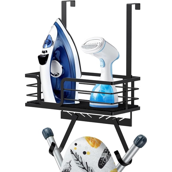 Over the Door/Wall Mount Ironing Board Hanger, Laundry Room Iron and Ironing Board Caddy Storage for Water Mister, Fabric Sprays, Laundry Detergent