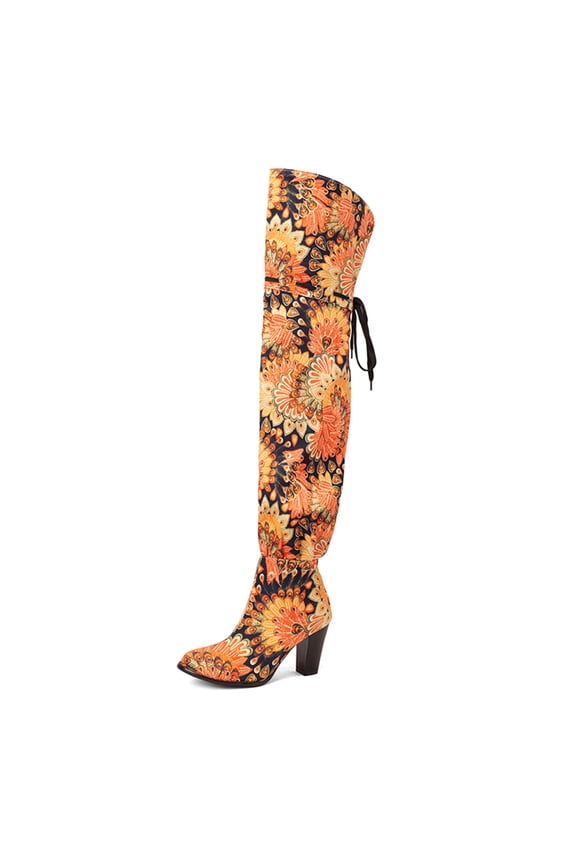 Over the Knee Boots for Women Plus Size Pointed Toe Chunky Heel Long Boots Fashion Slouchy Thigh High Boots Flower Lace-up Boots Over The Knee Boots