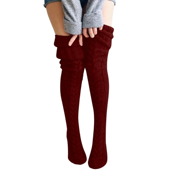 Over the Knee Cable Knit Socks for Women,Warm Long Boot Stockings with Thick Texture for Fall and Winter Fashion Wear Wine
