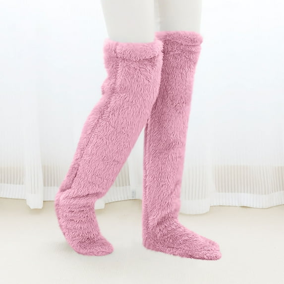 Over-the-Knee Fuzzy Socks Plush Slipper Stockings Furry Long Leg Warmers Winter Home Sleep Socks Christmas Gifts(Pink One Size)