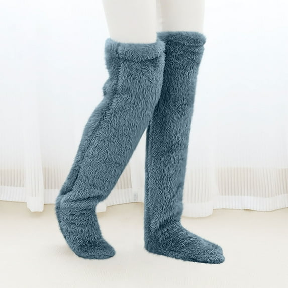Over-the-Knee Fuzzy Socks Plush Slipper Stockings Furry Long Leg Warmers Winter Home Sleep Socks Christmas Gifts(Sky Blue One Size)
