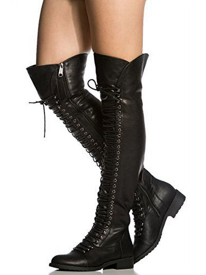 Over the Knee Lace Up Riding Faux Leather Thigh High Combat Boots