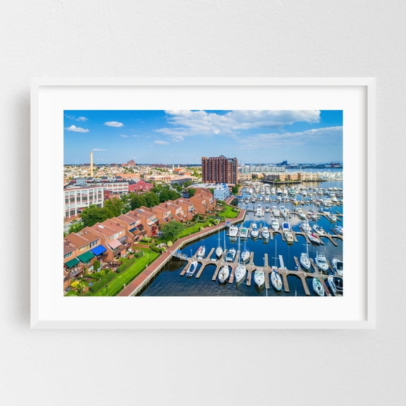 Over the Marina 02 - Baltimore Maryland Photography Harbor Cityscape Boat Architecture Scenic Travel Poster White Framed Wall Art Print 5 x 7 inches