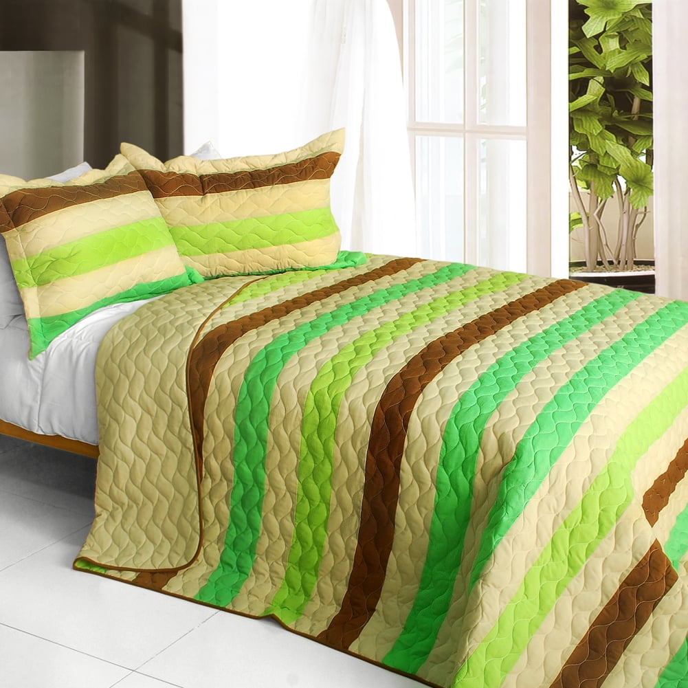 Full Size Green and Brown Reversible Cotton Quilt Set