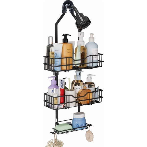 Over the Shower Head Caddy, 3-Tier Hanging Shelves Rustproof, Storage Organizer with Hooks and Soap Holder, No Drilling Bathroom Rack, Black