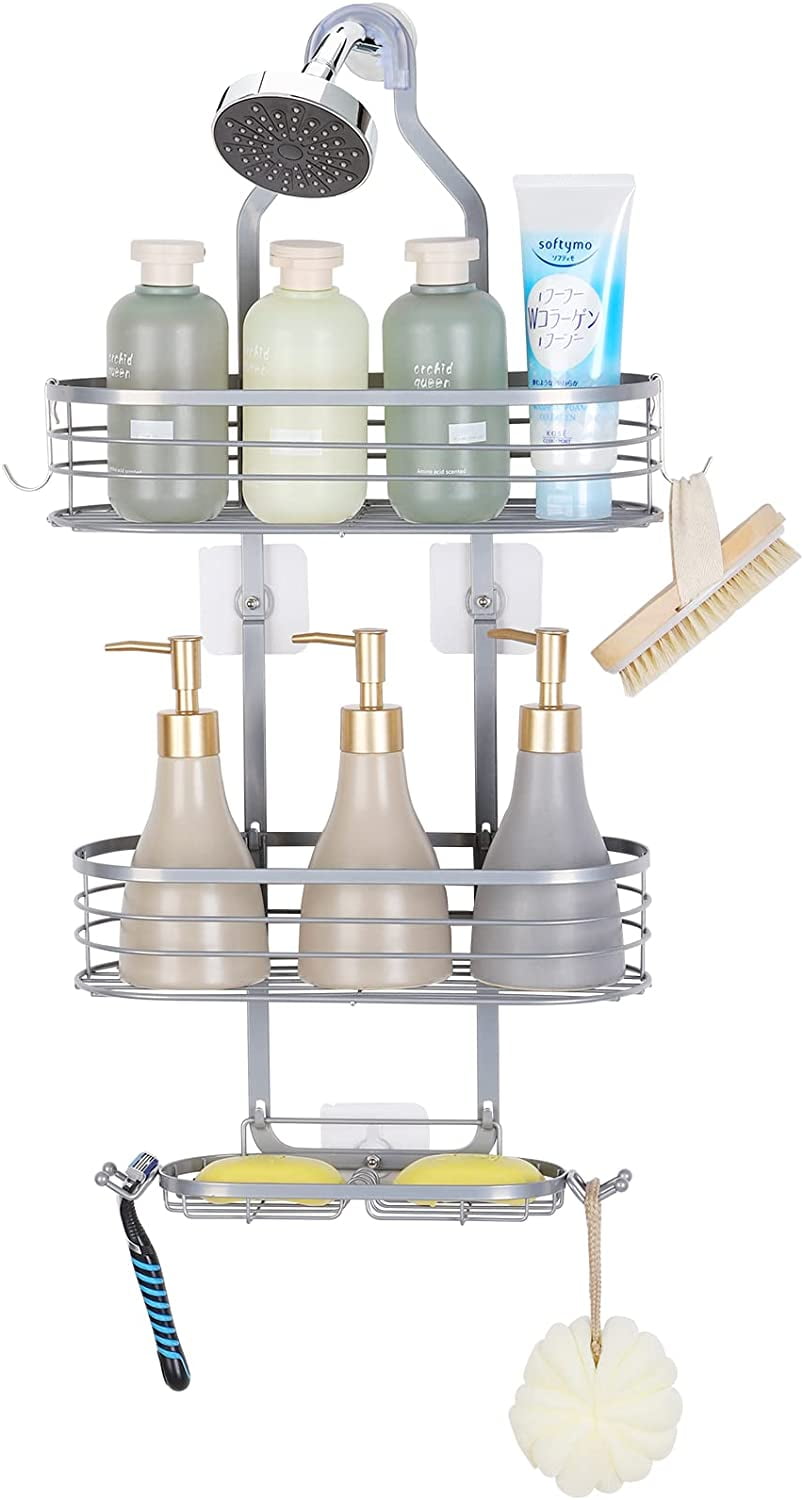 Silver Aluminum Overhead Shower Caddy with Hooks and Soap Holder