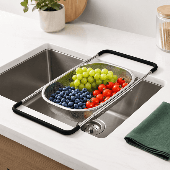 Over the Sink Colander Expandable Fine Mesh Strainer Basket with Rubber Grip, Fits 13.4 to 21.3 Inch Sinks, for Vegetables, Fruits, and Pasta