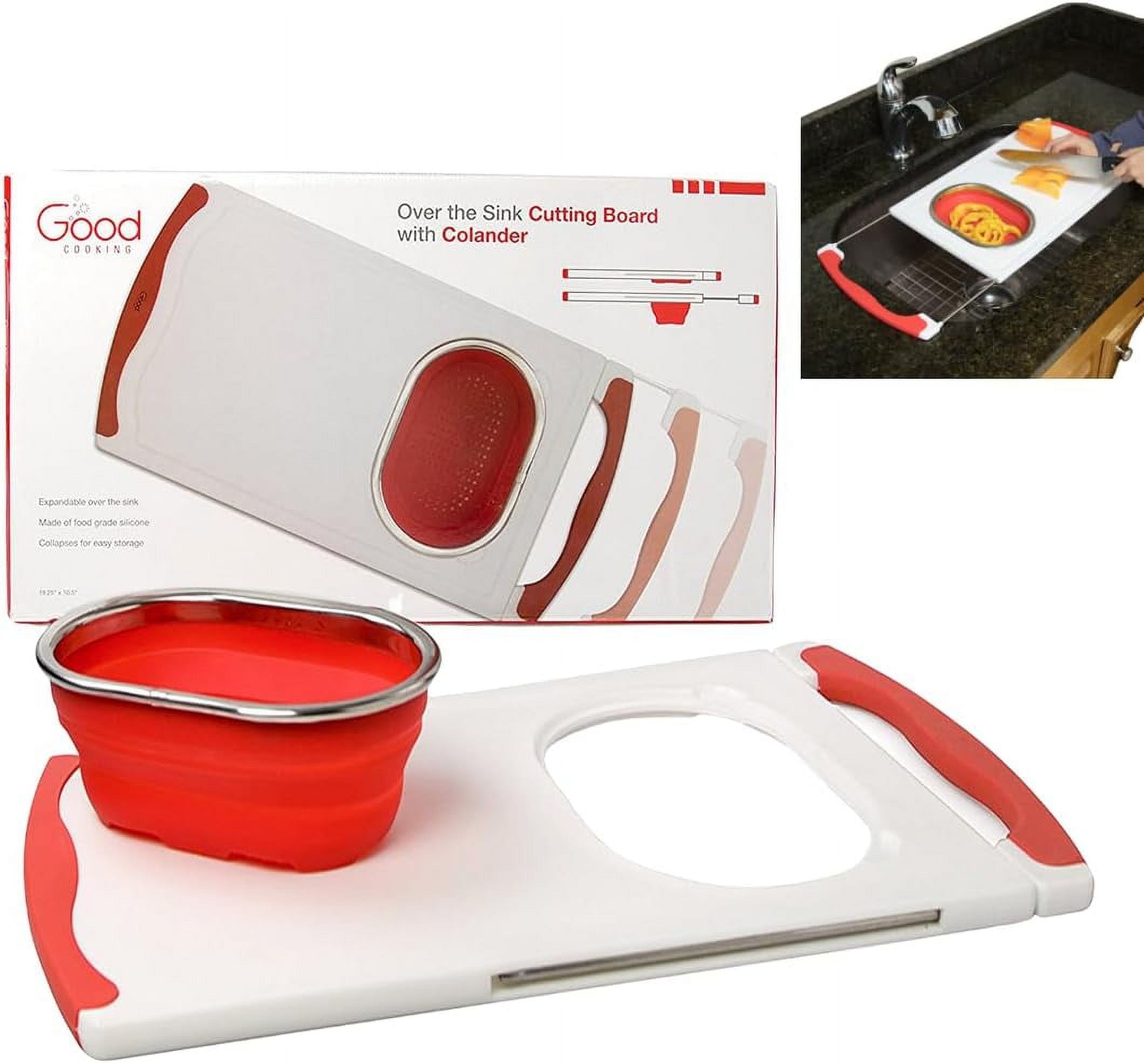 Good Cooking Over The Sink Cutting Board with Collapsible Colander and Extra Long Extension