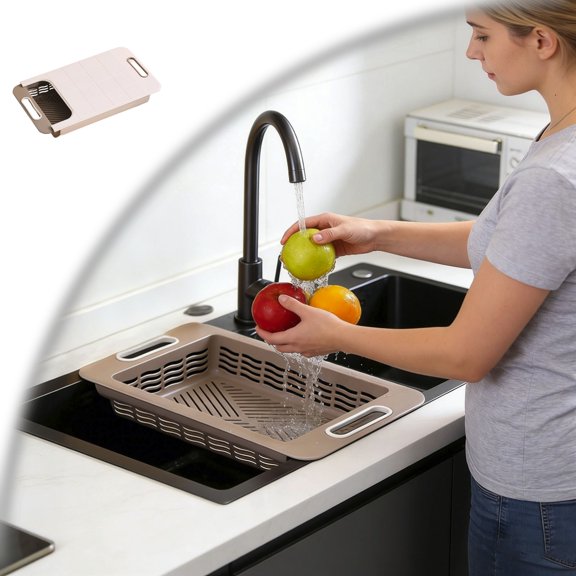 Over the Sink Cutting Board with Strainer Basket, Multifunctional Kitchen Prep Station and Extendable Chopping Block for Vegetable Fruit Meat