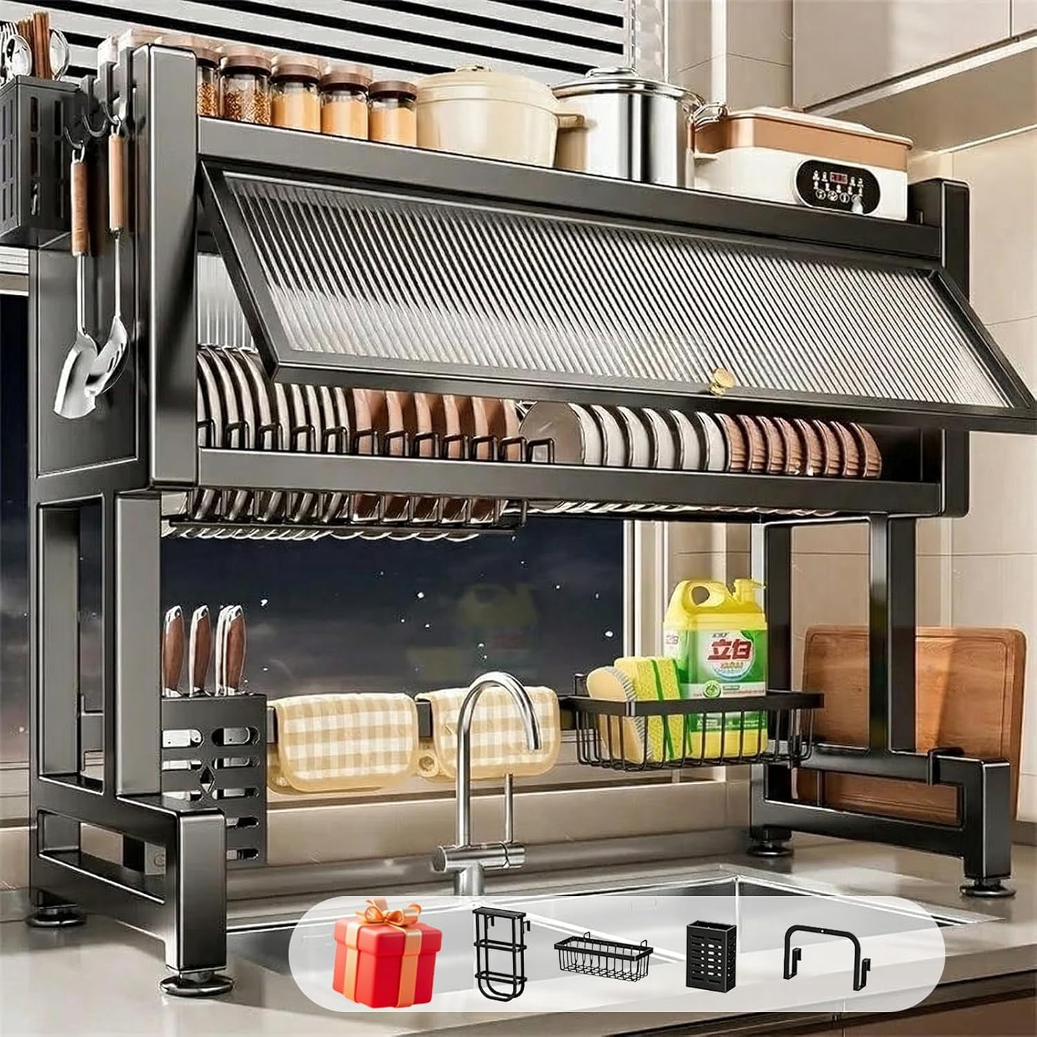 Over the Sink Dish Drainer Drying Rack, Dish Rack Over Sink, Piano Finish, Modern Dish Racks, for Dishes, Glasses, Bowls, and Cutlery