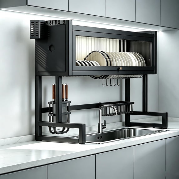 Dish Racket Over the Sink Dish Rack with Cover Kitchen Organizer Anti Rust Coating ...