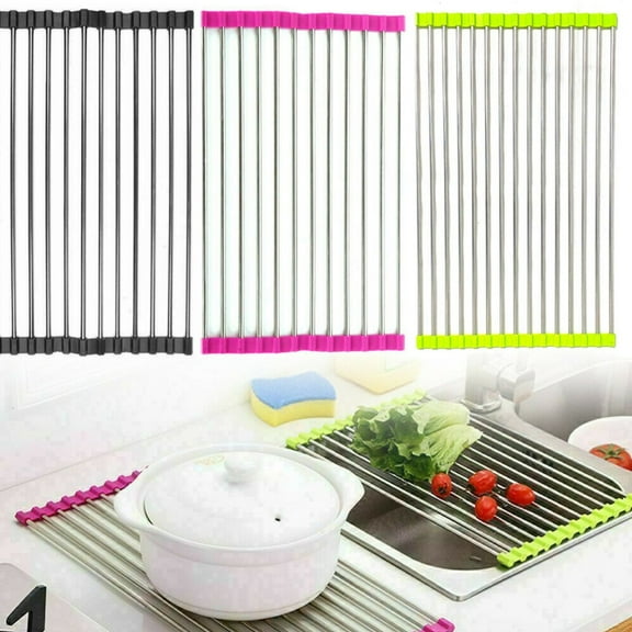 Over the Sink Dish Roll-Up Drying Rack Drainer Stainless Steel Kitchen Shelf