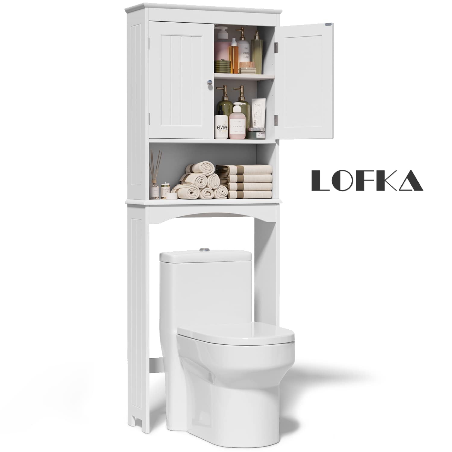 Furniouse Over The Toilet Storage Cabinet with Toilet Paper Holder Stand,  Mass-Storage Over Toilet Bathroom Organizer with Sliding Door, Space-Saving