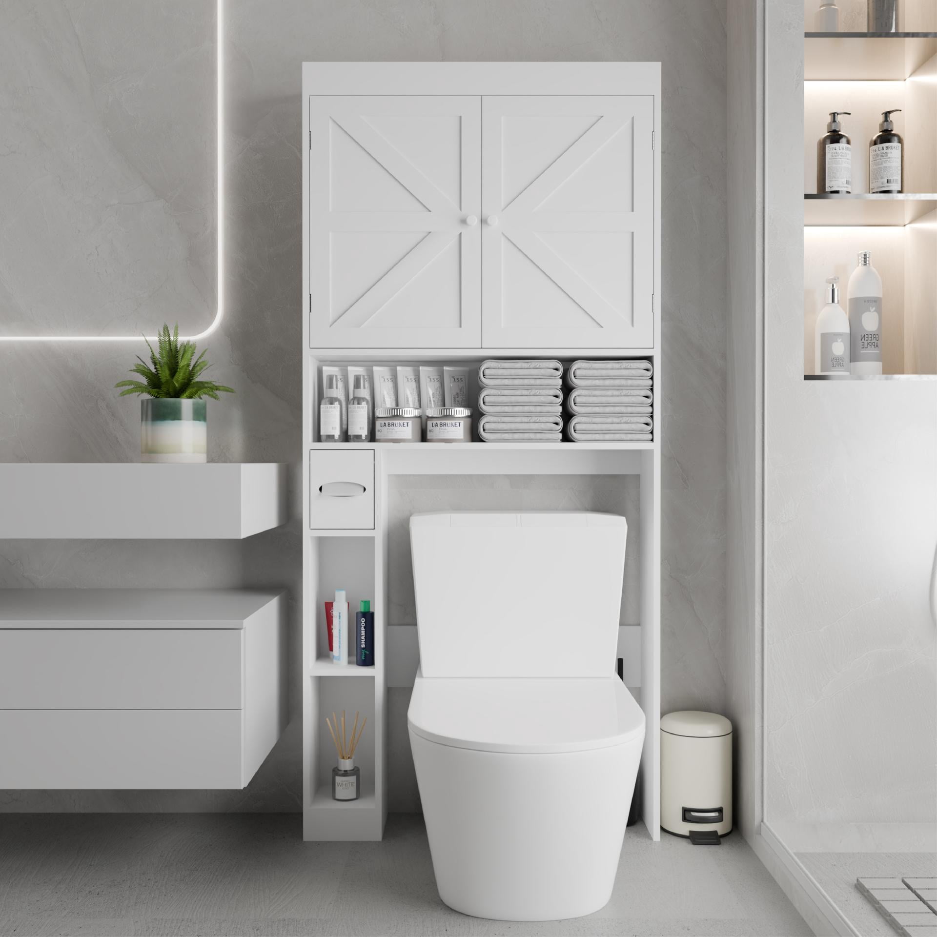 Over-the-Toilet Storage Cabinet, 2-Door Farmhouse Space-Saving Bathroom Rack for Restroom, Laundry, White
