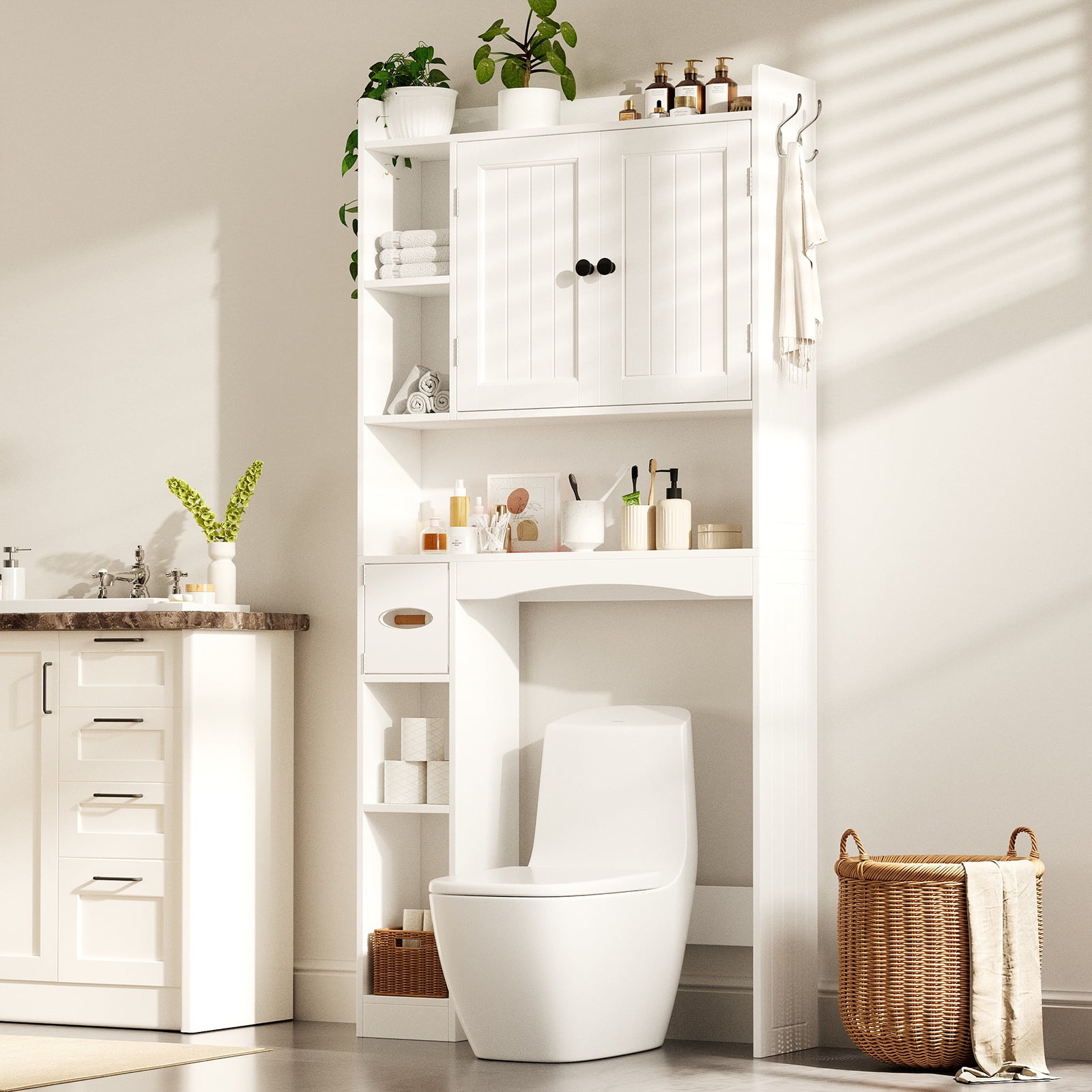 Over the Toilet Storage Cabinet, Asofer Bathroom Space Saver Organizer above Toilet with 7 Shelf & 2 Door for Laundry, White