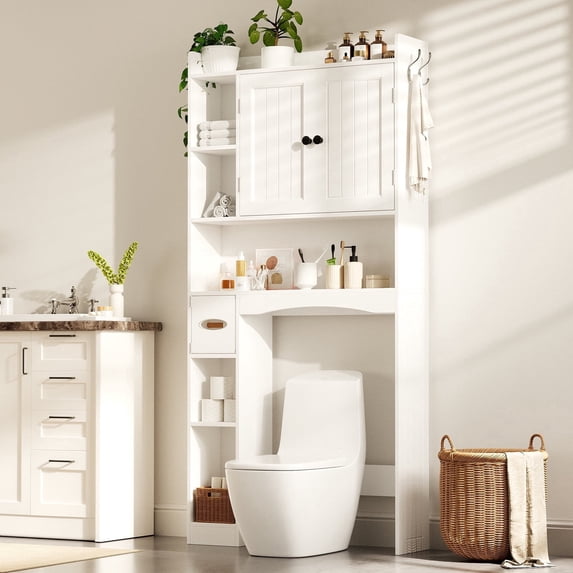Over the Toilet Storage Cabinet, Asofer Bathroom Space Saver Organizer above Toilet with 7 Shelf & 2 Door for Laundry, White