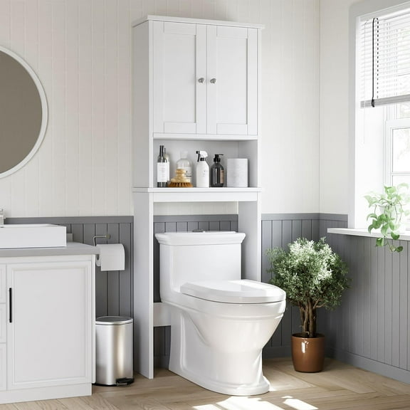 Over the Toilet Storage Cabinet, Bathroom Shelf Organizer with Anti-Tip Device Small Freestanding Space Saver with Adjustable Shelf