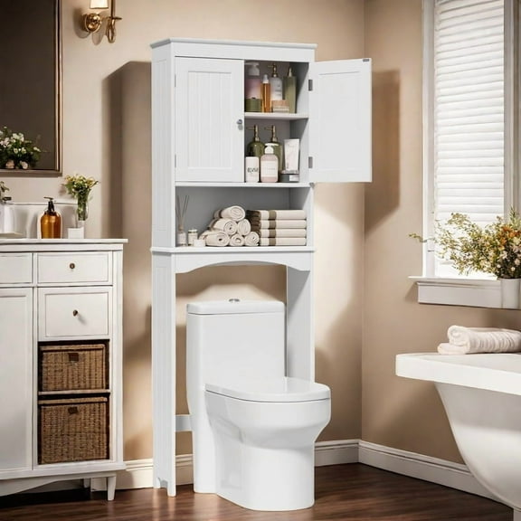 Over the Toilet Storage Cabinet, Lofka Bathroom Cabinet with Open Shlef &Doors, Anti-Tip Safety, White