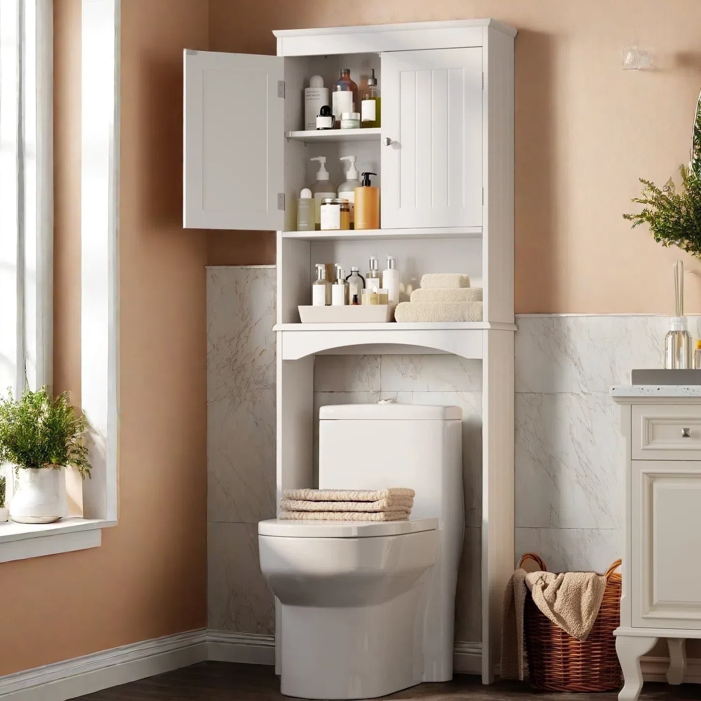 White Wooden Over-the-Toilet Storage Cabinet with Adjustable Shelf