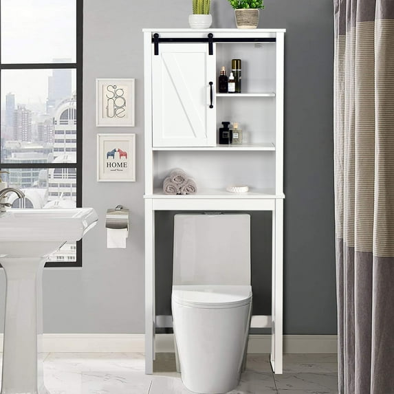 Over-the-Toilet Storage Cabinet, SYNGAR Home Bathroom Floor Standing Organizer with Double Doors and Storage Shelves, Space Saving Toilet Cabinet for Soaps, Shampoos, Body Wash, Towels, White, D4715