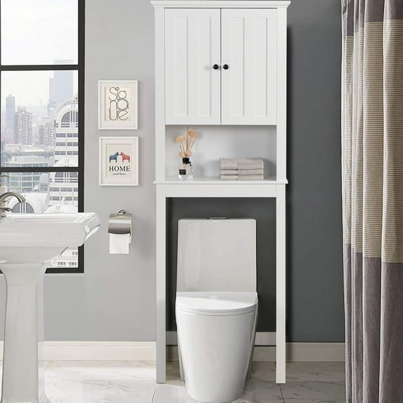 Over-the-Toilet Storage Cabinet, SYNGAR Home Bathroom Floor Standing Organizer with Double Doors and Storage Shelves, Space Saving Toilet Cabinet for Soaps, Shampoos, Body Wash, Towels, White, D4703