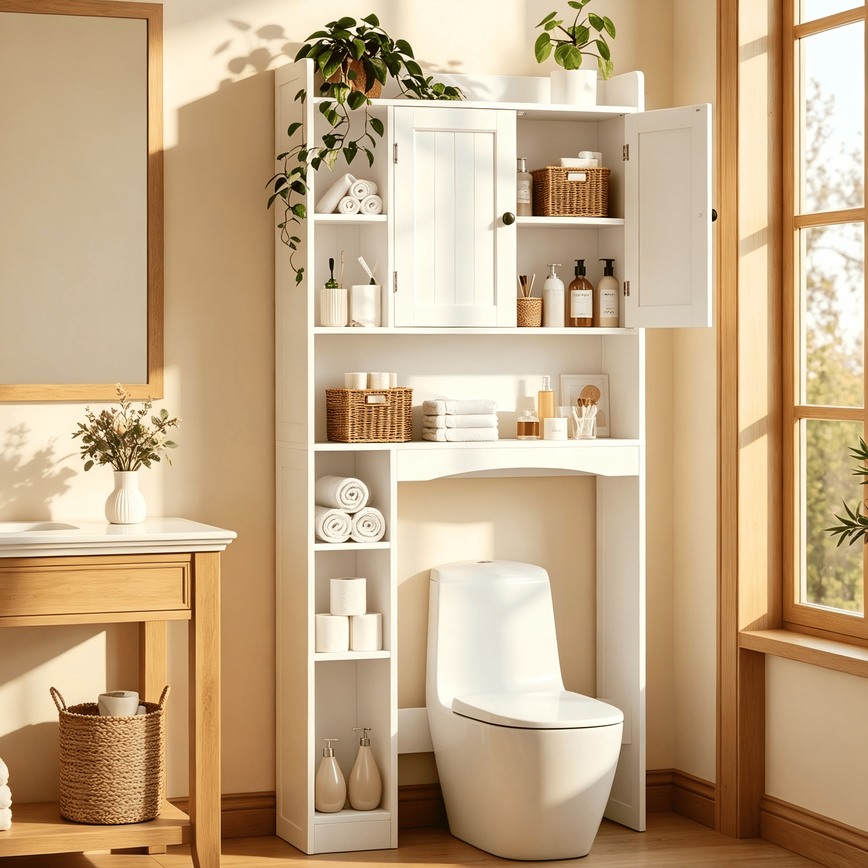 Lofka Over The Toilet Storage Cabinet, Freestanding Bathroom Shelf with Adjustable Shelf and Anti-Tip, White
